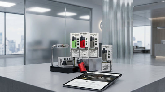Professional UK retail counter featuring Brick Bar Cherry Ice AIR 7000 vape products organized in acrylic display stands for wholesale stockists.